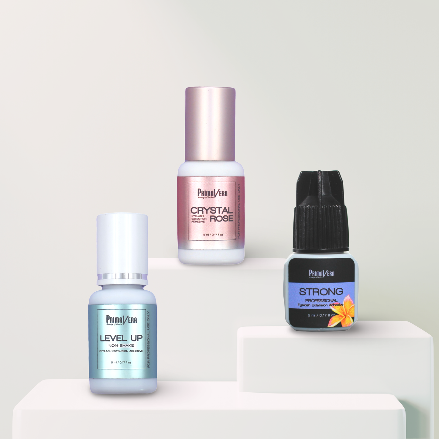 Primavera Lashes professional eyelash extension glues — Level Up, Crystal Rose, and Strong Adhesives for lash artists in Columbia, SC